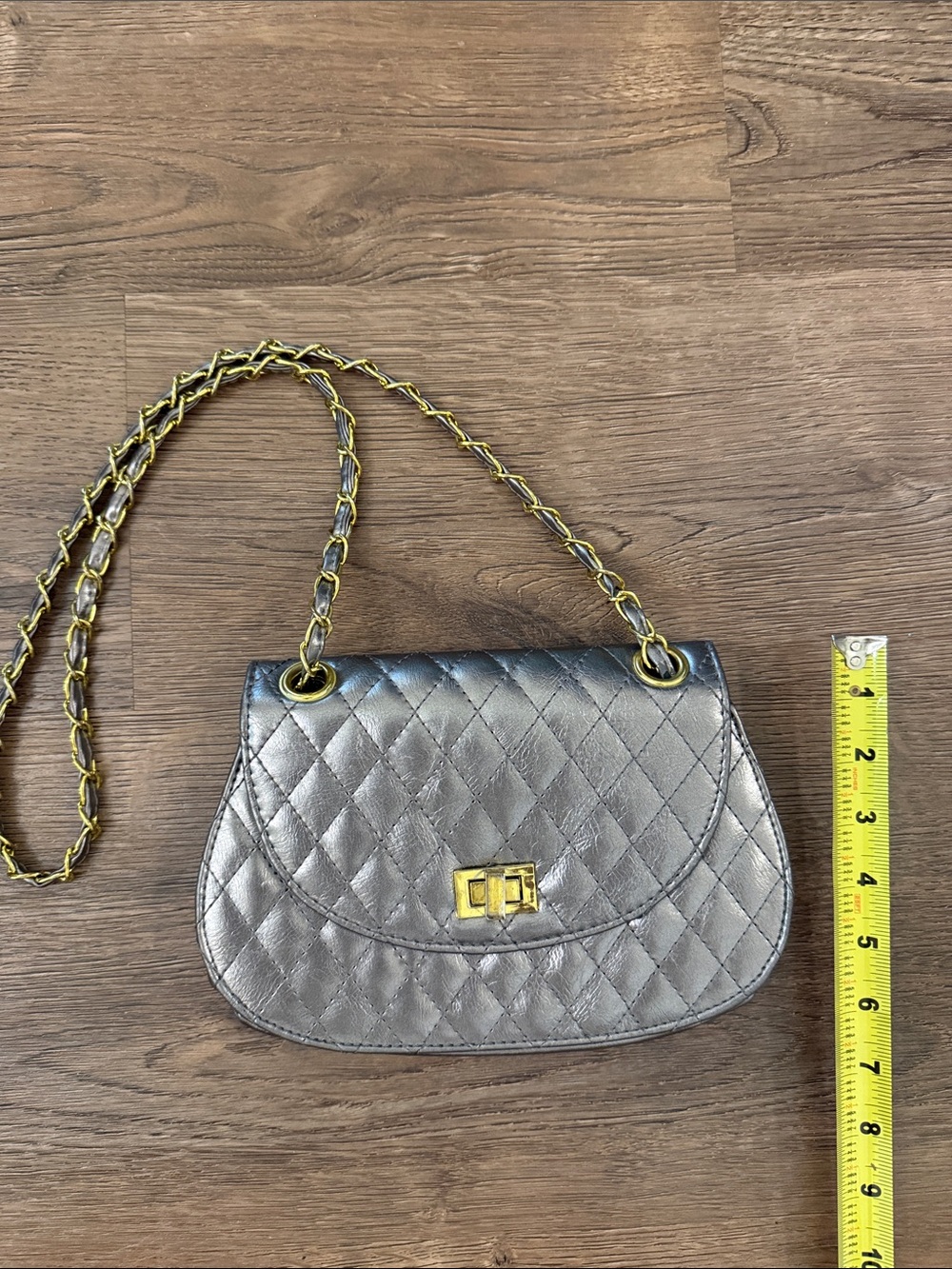 Quilted Metallic Pewter Gray Silver with Gold Chain Shoulder Bag Vintage